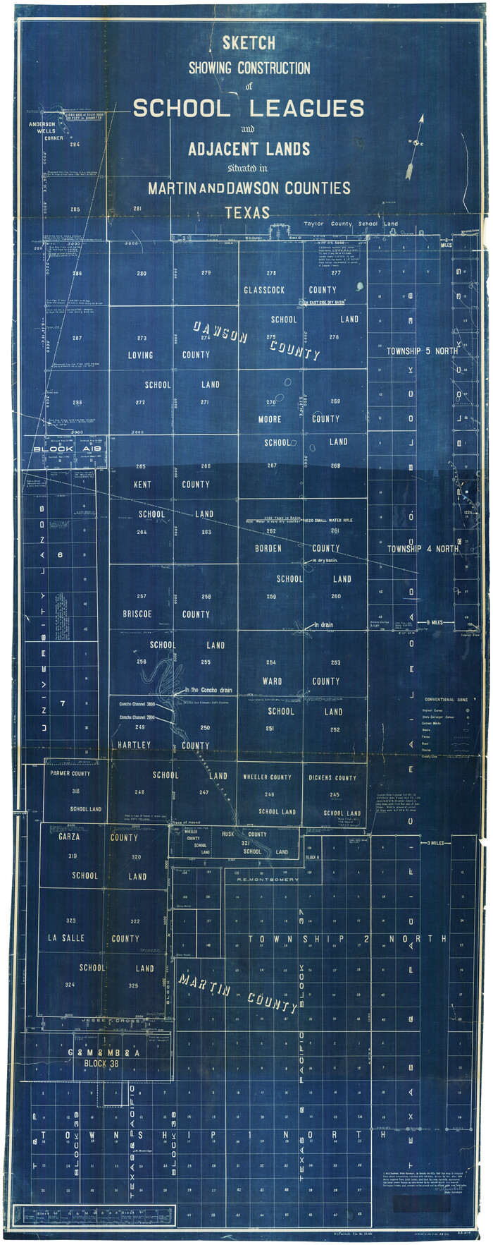 93201, Sketch Showing Construction of School Leagues and Adjacent Lands Situated in Martin and Dawson Counties, Twichell Survey Records