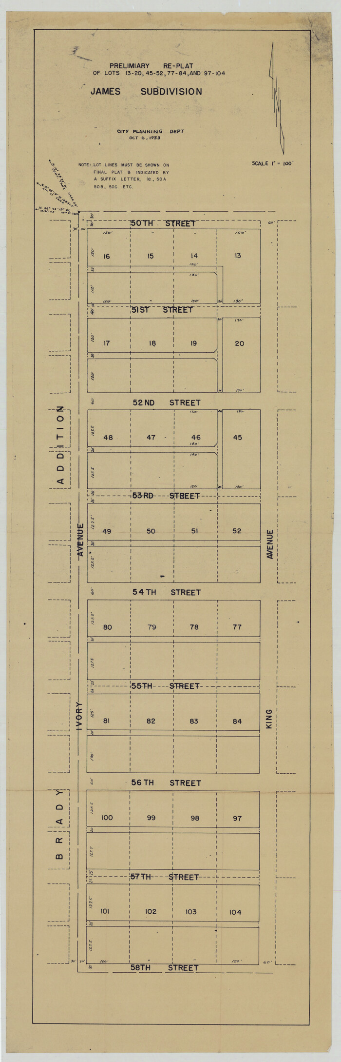 93222, Preliminary Re-Plat of Lots 13-20, 45-52, 77-84, and 97-104 James Subdivision, Twichell Survey Records
