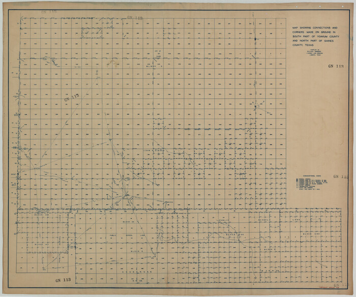 93255, Map [and report] showing connections and corners made on ground in south part of Yoakum County and north part of Gaines County, Texas, Twichell Survey Records
