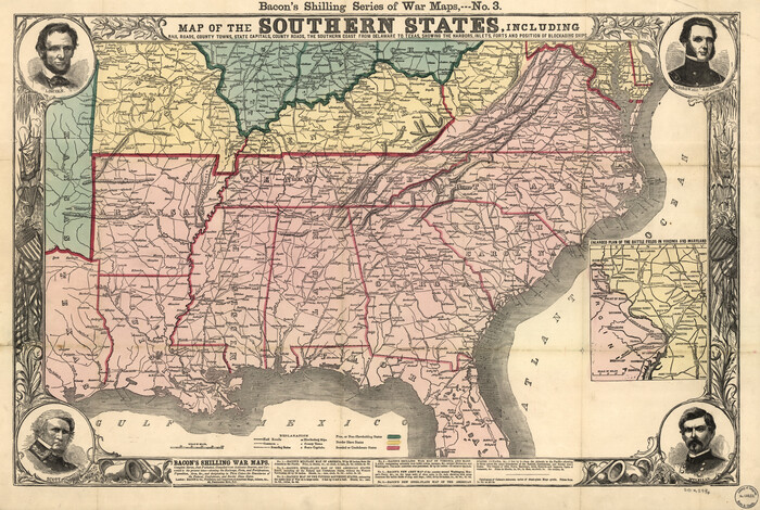 93571, Map of the southern states, including rail roads, county towns, state capitals, count roads, the southern coast from Delaware to Texas, showing the harbors, inlets, forts and position of blockading ships., Library of Congress