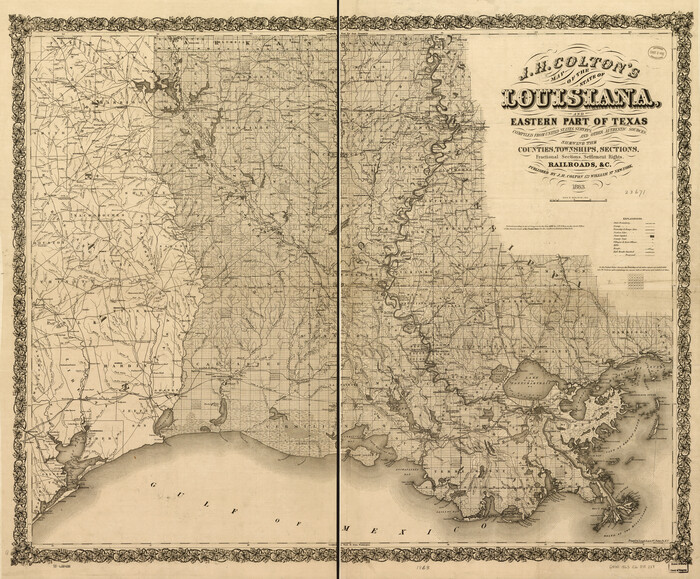 93603, J. H. Colton's map of the state of Louisiana and eastern part of Texas compiled from United States Surveys, and other authentic sources, showing the counties, townships, sections. Fractional sections, settlement rights, railroads, &c., Library of Congress