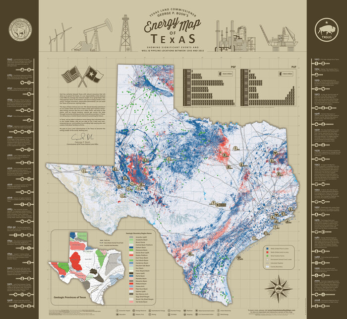 93978, Texas Land Commissioner George P. Bush's Energy Map of Texas Showing Significant Events and Well & Pipeline Locations Between 1543 and 2015, General Map Collection