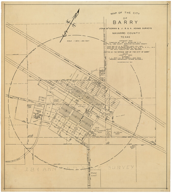 94015, Map of the City of Barry, John McGowan & J.B. & A. Adams Surveys, Navarro County, Texas, General Map Collection
