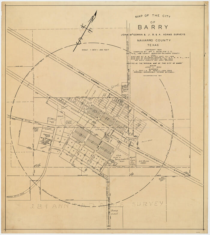 94015, Map of the City of Barry, John McGowan & J.B. & A. Adams Surveys, Navarro County, Texas, General Map Collection