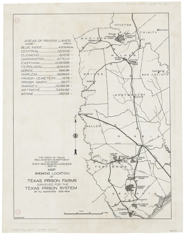 94277, Map showing location of Texas Prison Farms surveyed for the Texas Prison System, General Map Collection
