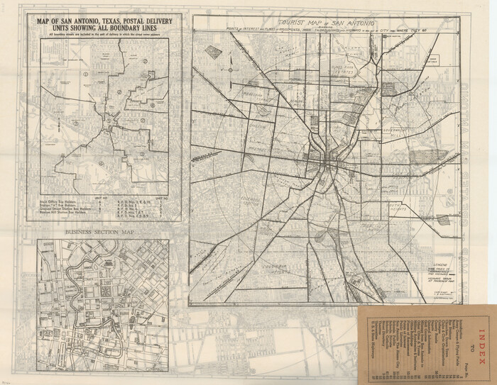 95160, Map of San Antonio, Texas, Postal Delivery Units showing all boundary lines / Tourist Map of San Antonio showing points of interest and places of amusements, main thoroughfares and highways in and out of city and where they go / Business Section Map, General Map Collection