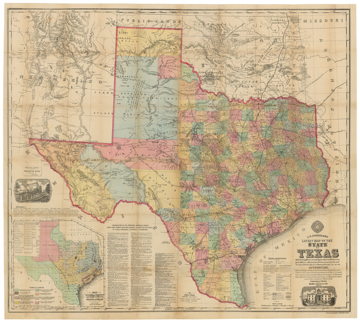 95369, A.R. Roessler's Latest Map of the State of Texas Exhibiting Mineral and Agricultural Districts, Post Offices & Mailroutes, Railroads projected and finished, Timber, Prairie, Swamp Lands, etc. etc. etc., Holcomb Digital Map Collection