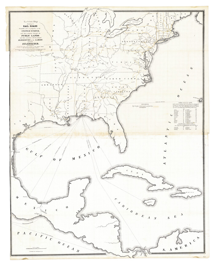 95699, Skeleton Map Showing the Rail Roads Completed and in progress in the United States, and those projected through the Public Lands and their connection with the principal Harbours on the Lakes and on the Seaboard, General Map Collection