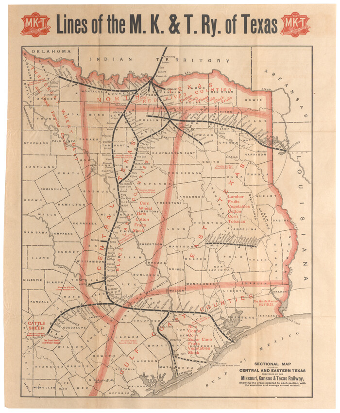 95812, Sectional map of Central and Eastern Texas traversed by the Missouri, Kansas & Texas Railway, showing the crops adapted to each section, with the elevation and average annual rainfall, Cobb Digital Map Collection