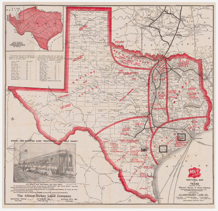 95813, Sectional map of Texas traversed by the Missouri, Kansas & Texas Railway, showing the crops adapted to each section, with the elevation and annual rainfall, Cobb Digital Map Collection - 1