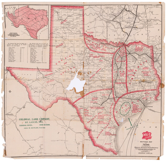 95814, Sectional map of Texas traversed by the Missouri, Kansas & Texas Railway, showing the crops adapted to each section, with the elevation and annual rainfall, Cobb Digital Map Collection