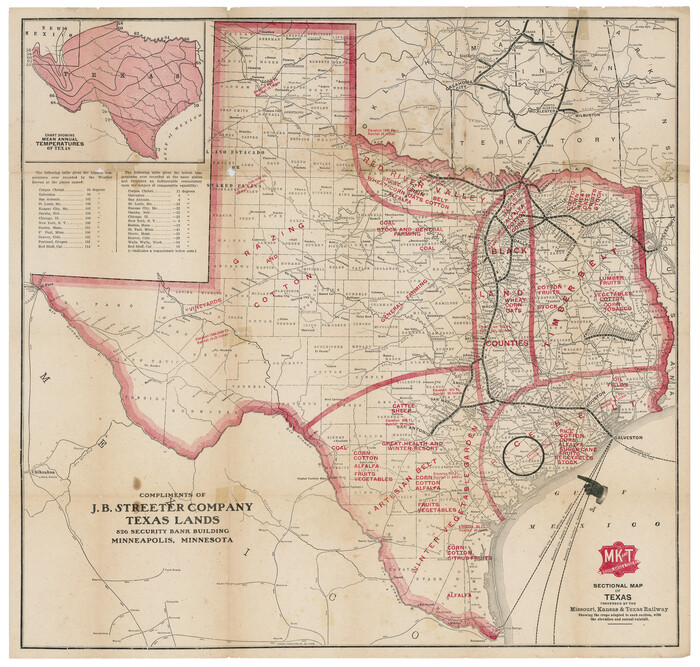 95815, Sectional map of Texas traversed by the Missouri, Kansas & Texas Railway, showing the crops adapted to each section, with the elevation and annual rainfall, Cobb Digital Map Collection