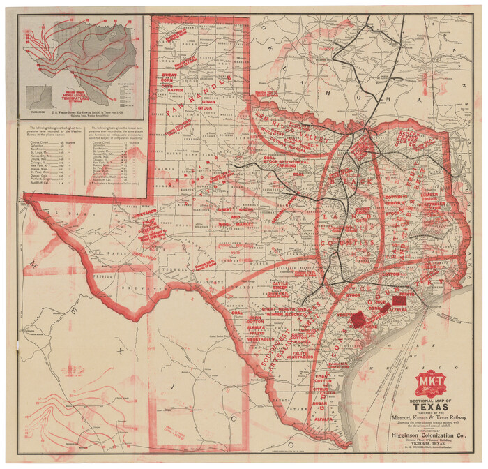 95816, Sectional map of Texas traversed by the Missouri, Kansas & Texas Railway, showing the crops adapted to each section, with the elevation and annual rainfall, Cobb Digital Map Collection - 1
