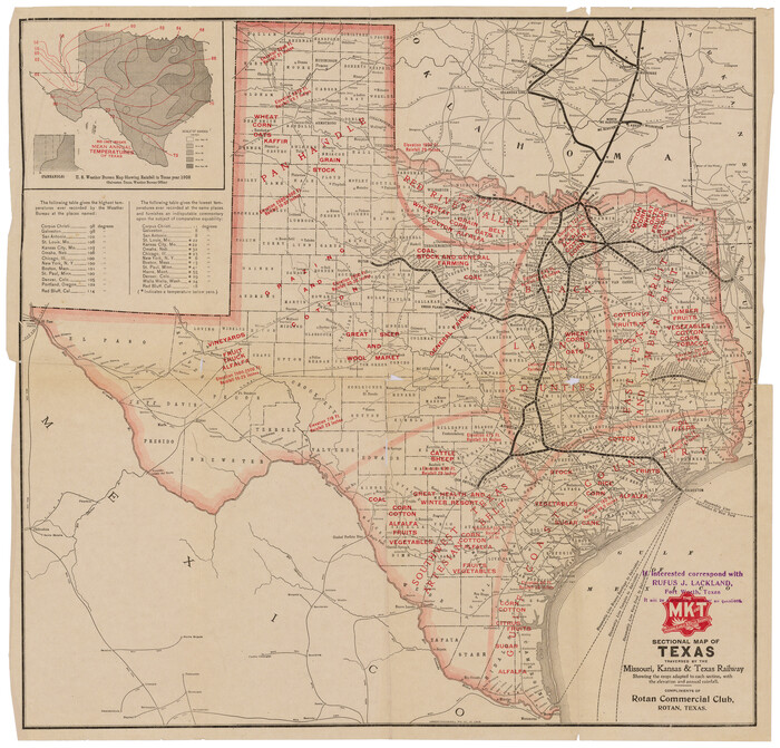 95817, Sectional map of Texas traversed by the Missouri, Kansas & Texas Railway, showing the crops adapted to each section, with the elevation and annual rainfall, Cobb Digital Map Collection
