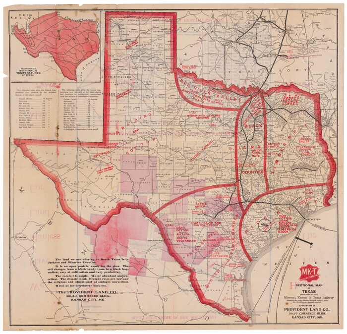 95818, Sectional map of Texas traversed by the Missouri, Kansas & Texas Railway, showing the crops adapted to each section, with the elevation and annual rainfall, Cobb Digital Map Collection