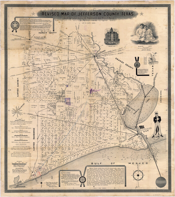 95912, Revised map of Jefferson County, Texas showing land surveys, railroads and water ways, General Map Collection