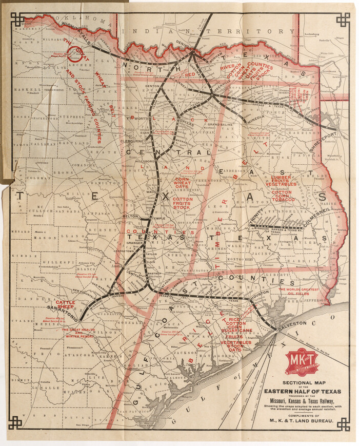 96602, Sectional Map of the Eastern Half of Texas traversed by the Missouri, Kansas & Texas Railway, showing the crops adapted to each section, with the elevation and average annual rainfall, Cobb Digital Map Collection - 1