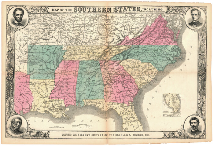96635, Map of the Southern States, including Rail Roads, County Towns, State Capitals, County Roads, the Southern Coast from Delaware to Texas, showing the Harbors, Inlets, Forts and Position of Blockading Ships, General Map Collection - 1
