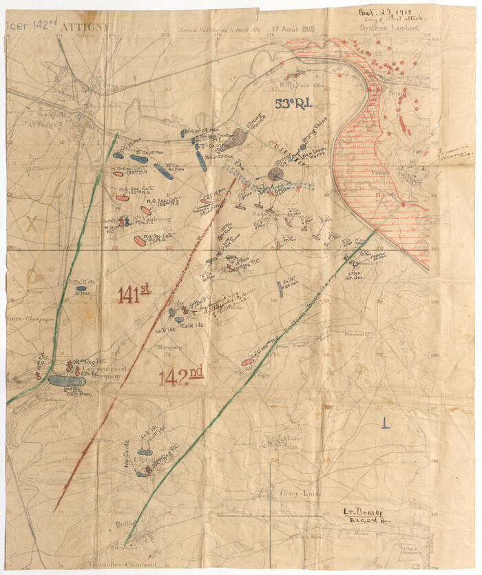 96642, [1/4 of a WWI French map of Attigny used by the 142nd Infantry for planning purposes for the Battle of Forest Ferme (farm)], Non-GLO Digital Images