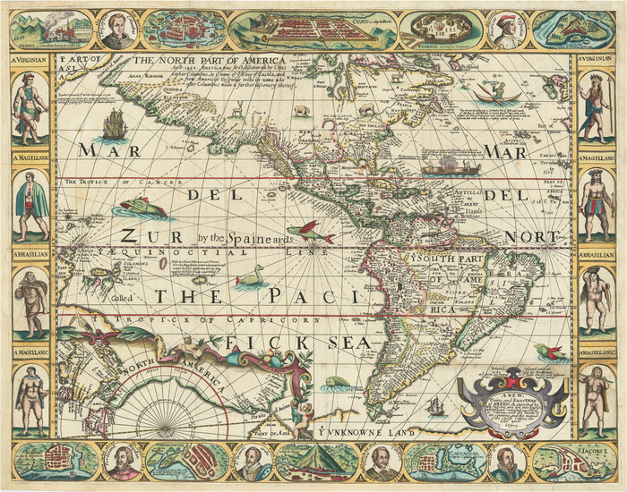 A New, Plaine, and Exact map of America : described by N.I. Visscher, and don into English, enlarged, and corrected, according to I. Blaeu, with the habits of the countries, and the manner of the cheife Citties, the like never before