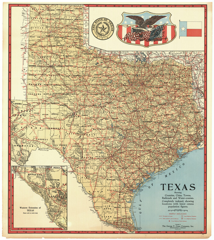 97097, Texas showing Counties, Cities, Towns, Railroads and Water-courses. Completely indexed, showing locations with latest census population figures., General Map Collection
