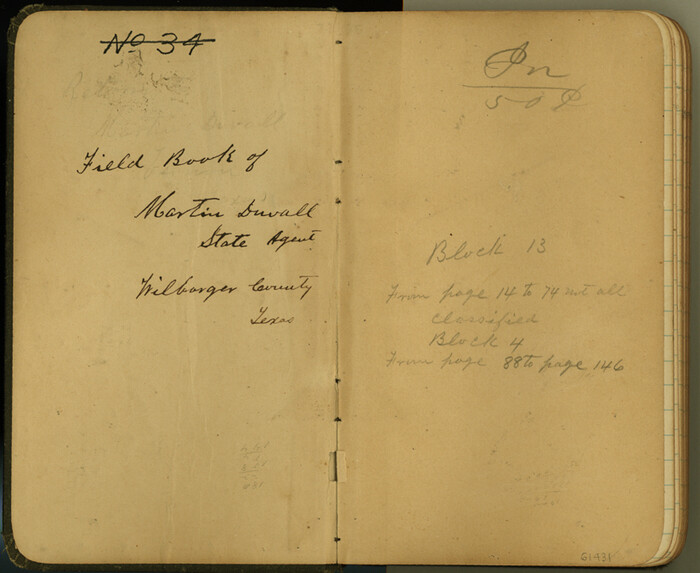 61431, [Field book of Martin Duval, Wilbarger Co., H&TC RR Co. Blocks 13 & 14], General Map Collection