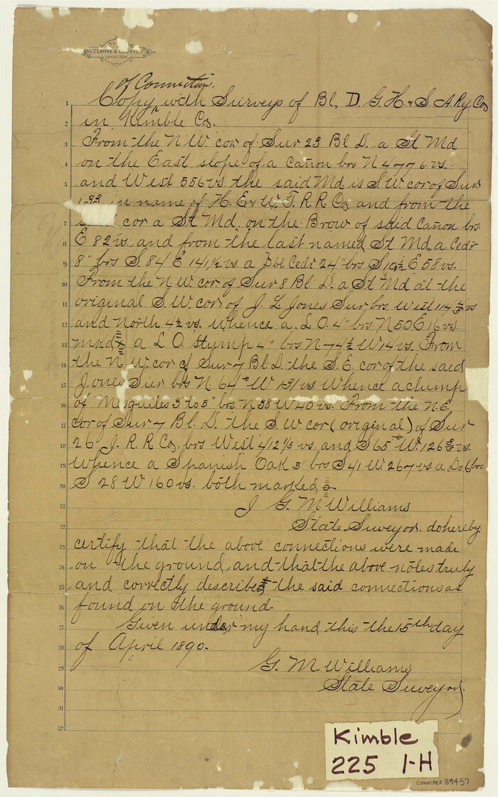 89457, Copy of connection with surveys of Bl. D, GH&SA Ry. Co. in Kimble County, Barnes Railroad Collection